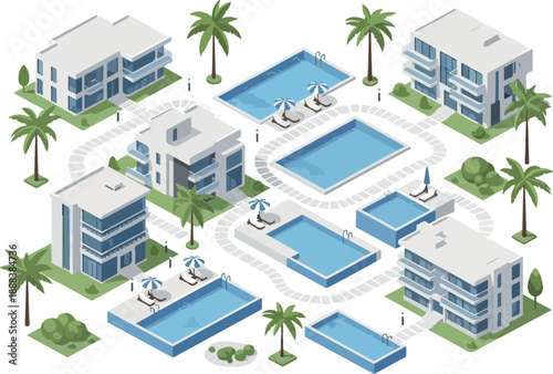 Isometric View of a Resort with Pools, Villas, and Palm Trees