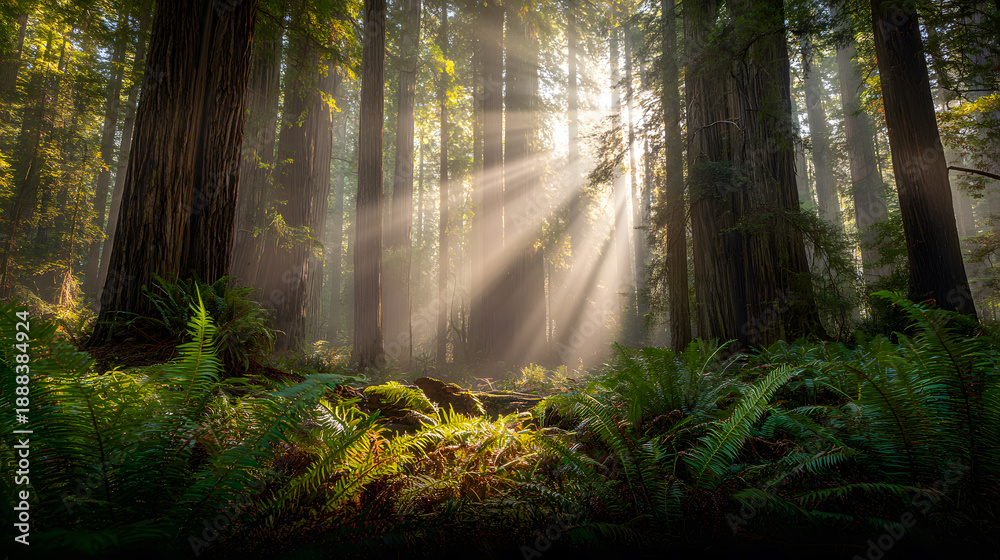Fototapeta premium Sunlight streaming through misty forest with tall trees