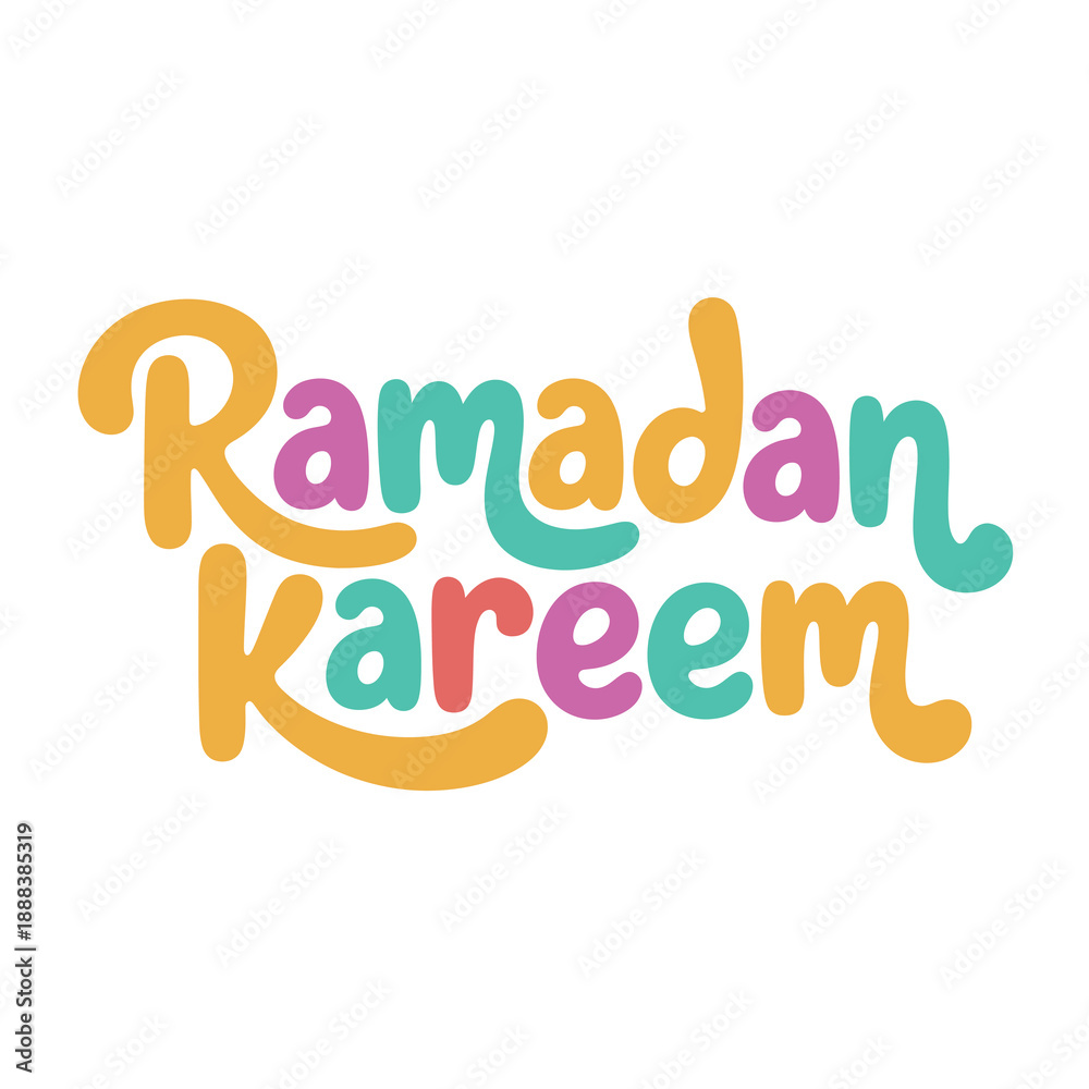 Naklejka premium Ramadan Kareem fun bright lettering with purple and green