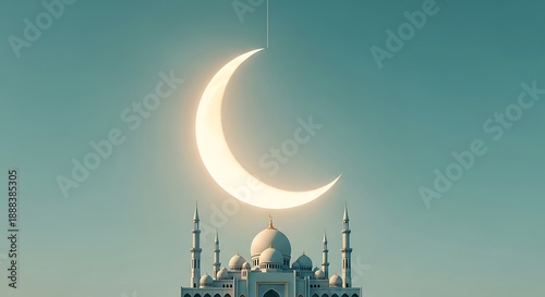 Bright crescent moon shining over a modern white mosque