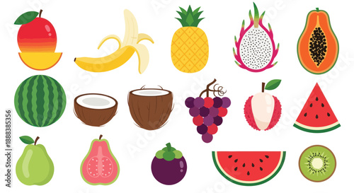 Colorful assortment of fresh tropical fruits isolated on white background