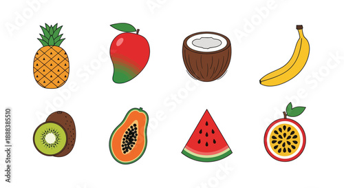 Colorful assortment of tropical fruits on a white background vector illustration