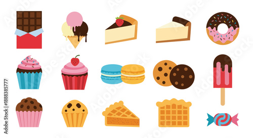 Colorful dessert assortment cakes ice cream and sweets on white background