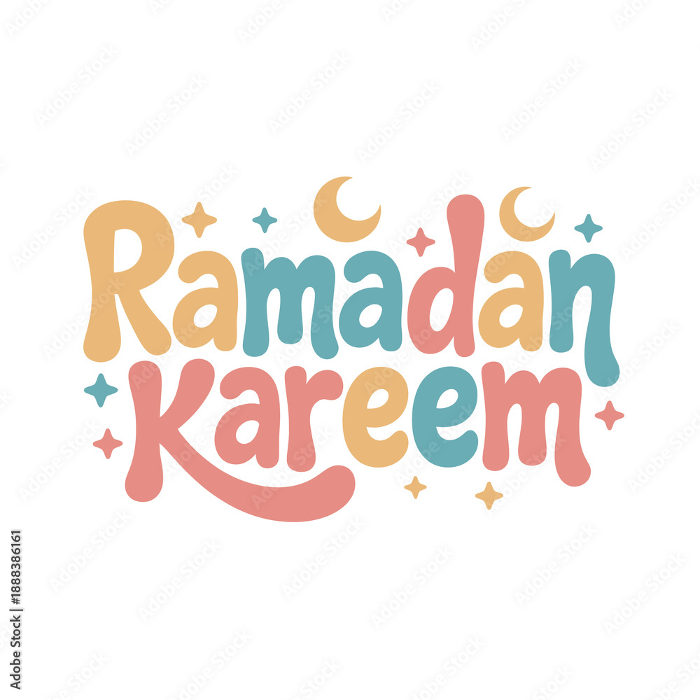 Fototapeta premium Ramadan Kareem cheerful pastel lettering with scattered stars