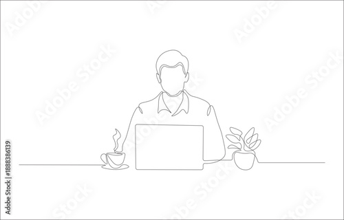 Freelancer working remotely. Continuous one line art of man sits at a laptop, he is typing something on it.