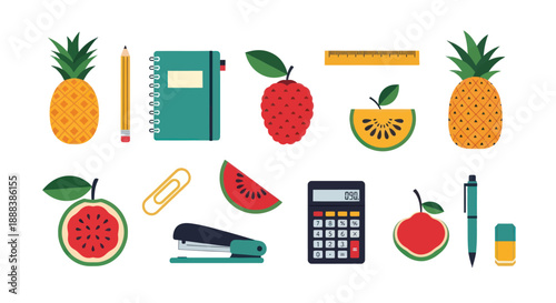 Colorful flat lay composition of office supplies and fruits on white