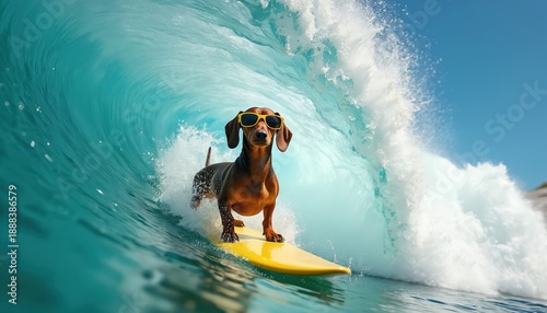 Brown dachshund dog wearing sunglasses rides yellow surfboard on ocean wave. This funny pet enjoys summer surfing adventure on sunny day. Canine surfer has great time riding big sea surf.