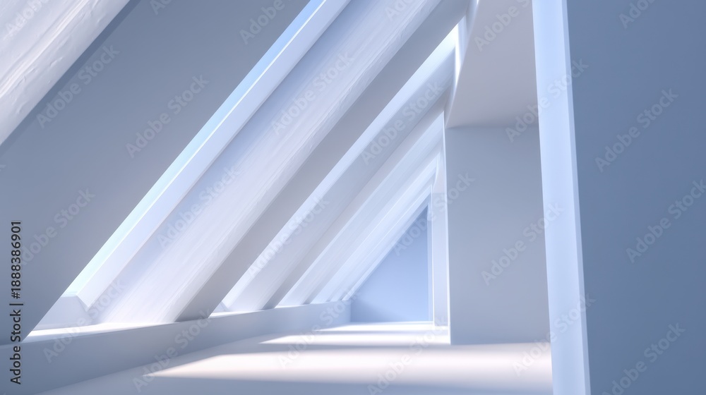 Obraz premium Minimalist architectural design featuring bright light streaming through triangular windows in a modern, sleek interior space with simple geometric forms.