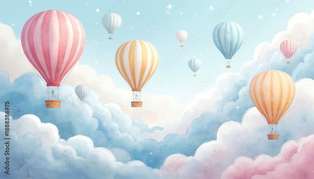 Fototapeta premium Pastel hot air balloons float gently through soft clouds in a dreamy sky. These colourful spheres suggest travel adventure and childhood wonder. Perfect for kids themes.