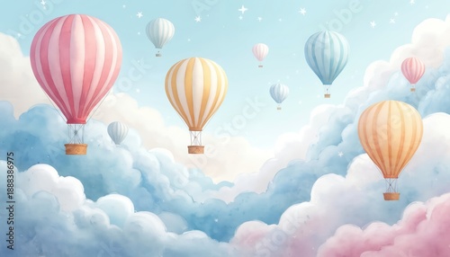 Pastel hot air balloons float gently through soft clouds in a dreamy sky. These colourful spheres suggest travel adventure and childhood wonder. Perfect for kids themes.
