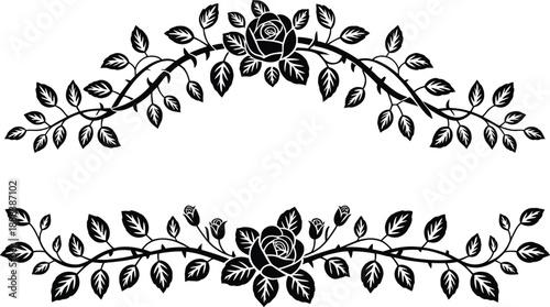 Black rose and leaf decorative border floral vine leaves , rose, floral, vine, leaves, branches, thorns, decorative, 