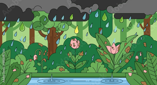 Colorful cartoon rainstorm over a lush green forest with pink flamingos and flowering plants