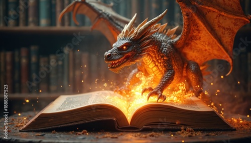 Fire breathing dragon emerges from antique open book. Magical creature lands on ancient tome in library, sparks fly around. Fantasy creature awakens from lore.