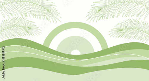 Minimalist Nature Scene with Sunrise and Palm Fronds in Soft Green Tones for a Calm and Serene
