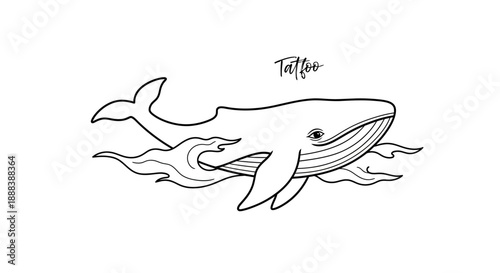 Minimalist black and white whale illustration with tattoo style design and flowing water details