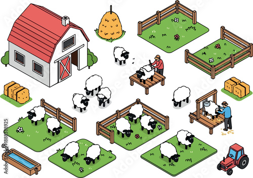Isometric Farm Scene with Sheep Illustration