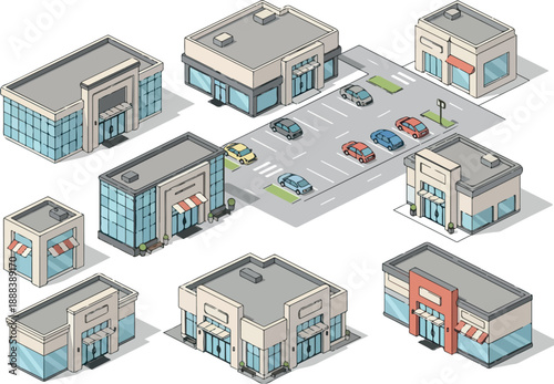 Isometric shops and stores illustration with parking for business design