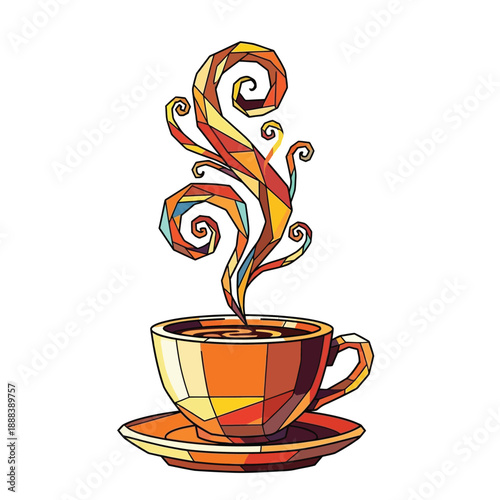 Abstract Geometric Coffee Cup with Steaming Aroma.