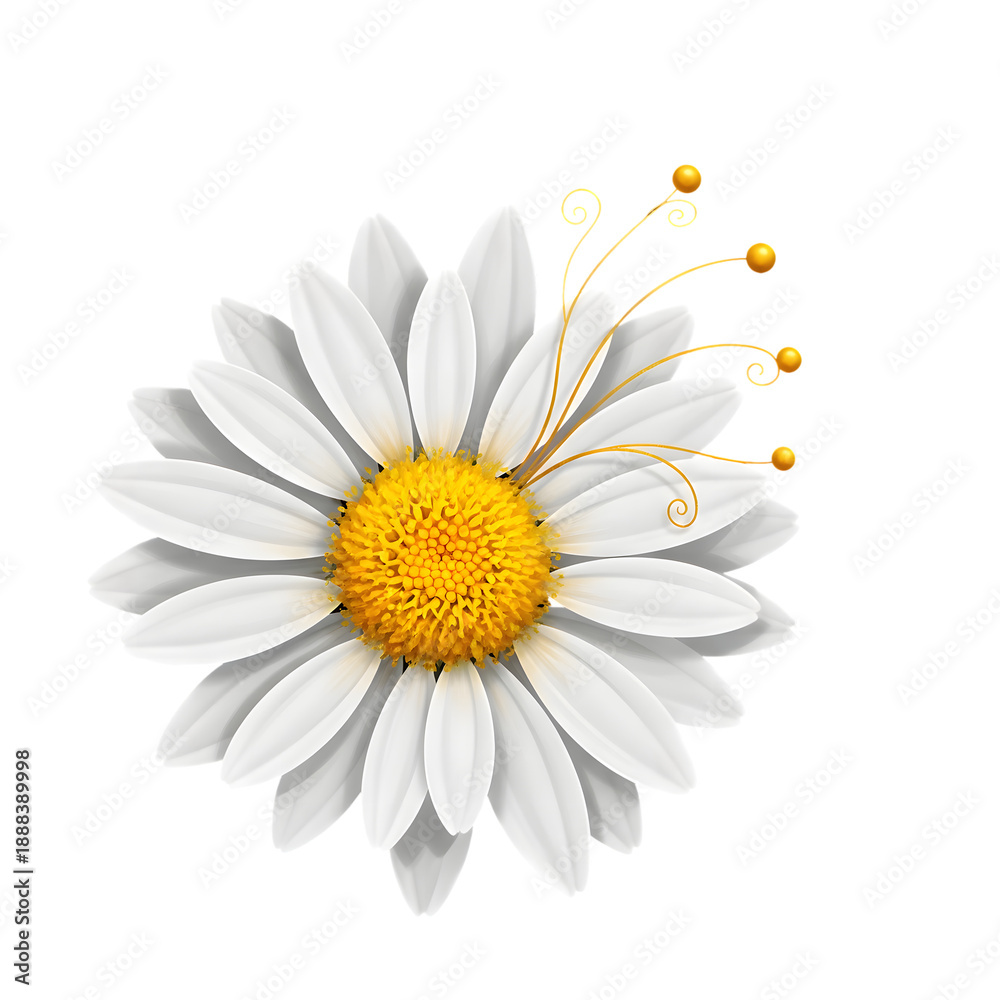 Fototapeta premium White Daisy Flower with Yellow Center and Golden Swirl Detail on Transparent Background white flower