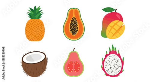 Colorful tropical fruits pineapple papaya mango coconut guava and dragon fruit