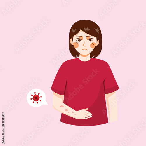 An illustration showing a woman experiencing skin allergy symptoms such as redness and irritation, suitable for medical education and dermatology awareness content.