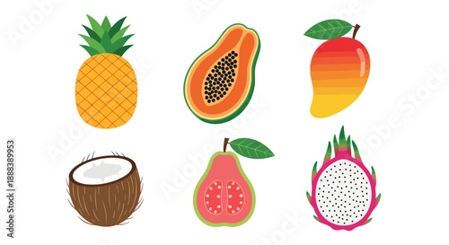 Colorful tropical fruits pineapple papaya mango coconut guava dragon fruit
