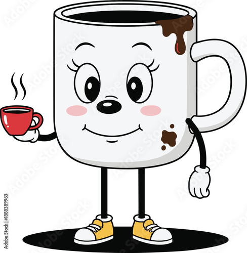 Cute coffee mug cartoon character holding small cup illustration representing playful cafe mascot and cheerful beverage design