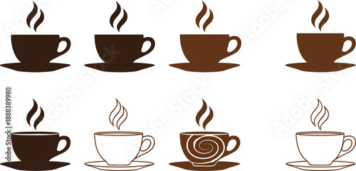 Coffee cup icon set with steaming mugs representing hot beverages, cafe menu symbols, and drink illustration collection