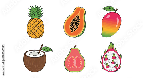 Colorful tropical fruits pineapple papaya mango coconut guava dragon fruit