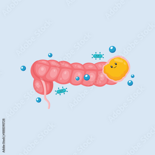 An illustration of the human intestine with bacteria activity representing digestion, gut health, and microbiome balance.