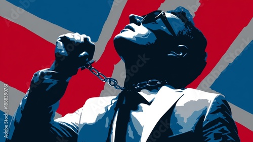 A determined man in a business suit and tie strains upward with a raised fist, heavy chains shackling his wrist and neck, set powerfully against a bold Union Jack flag in red, white, and blue.