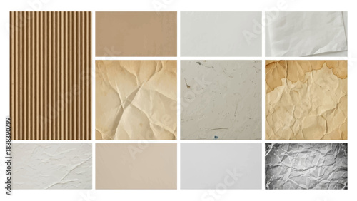 A collection of realistic vector paper textures, crumpled, folded, and torn sheets, vector illustration.