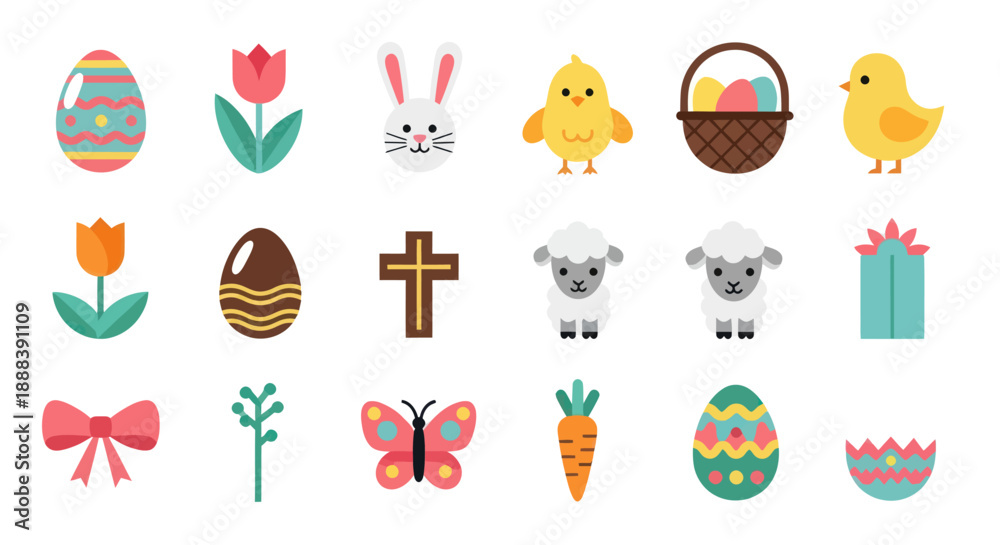 Fototapeta premium Easter icons set colorful eggs animals flowers and decorative elements