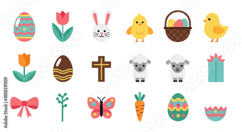 Easter icons set colorful eggs animals flowers and decorative elements