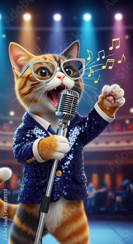 Adorable Ginger Cat Singing into Retro Microphone wearing Sparkling Blue Sequin Suit and Glitter Glasses on Stage.