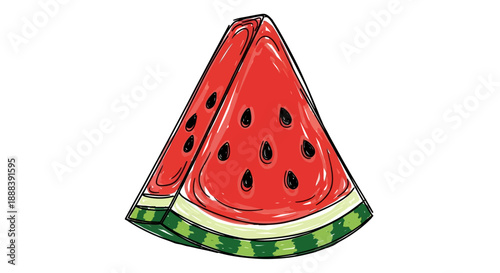 Illustration of a triangular watermelon slice featuring seeds and characteristic colors