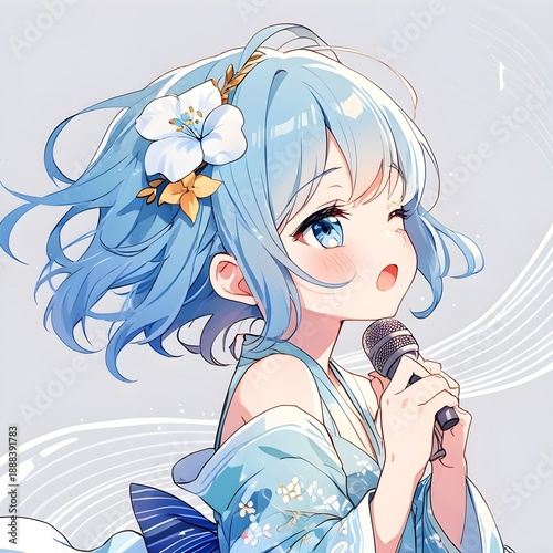 The singer with blue hair is captivating.