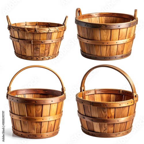 Four wooden bushel baskets, round with handles, various angles, isolated against a white background