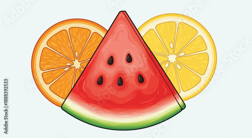 Fresh and Juicy Watermelon, Lemon and Orange Slices on a Light Background