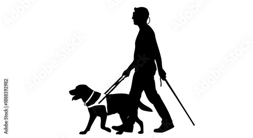 Silhouette of a visually impaired person walking with a guide dog and white cane on a plain background