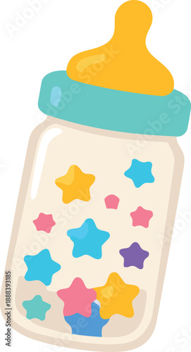 A cute flat illustration shows a baby milk bottle filled with colorful star-shaped sprinkles, topped with a yellow nipple