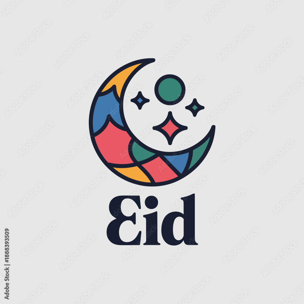 Obraz premium Colorful crescent moon with stars and the word Eid in bold letters blue