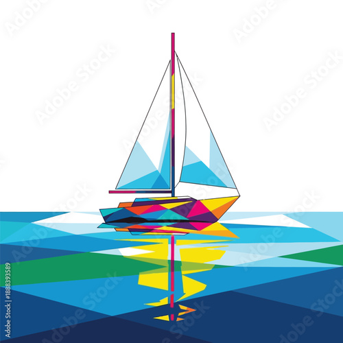 Colorful Geometric Sailboat on Abstract Water Reflection.