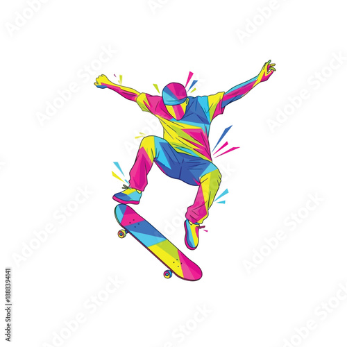 Colorful Skateboarder Performing a Trick Mid-Air.