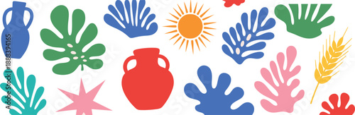 Abstract boho shapes and decorative elements set with sun leaves vase wheat and organic modern forms