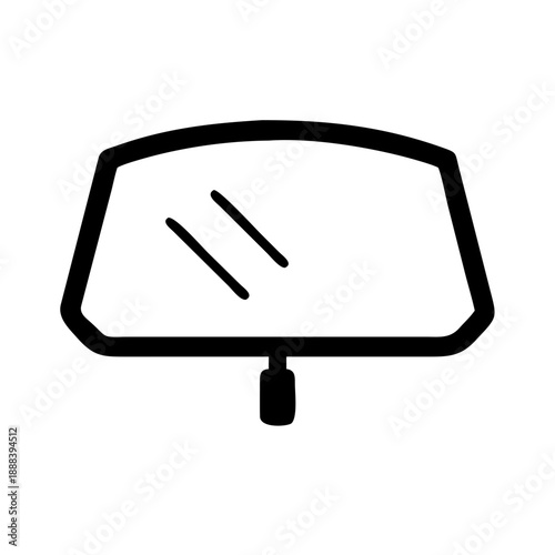 This is a black and white linear flat style car rearview mirror vector icon. The overall design consists of a fan-shaped mirror outline with rounded corners