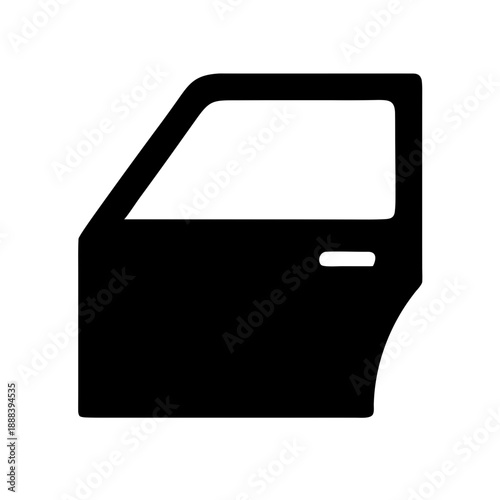 A clean, black geometric silhouette of a car door, featuring a simplified window and handle. This minimalist vector icon is designed for automotive industry branding, spare parts catalog navigation