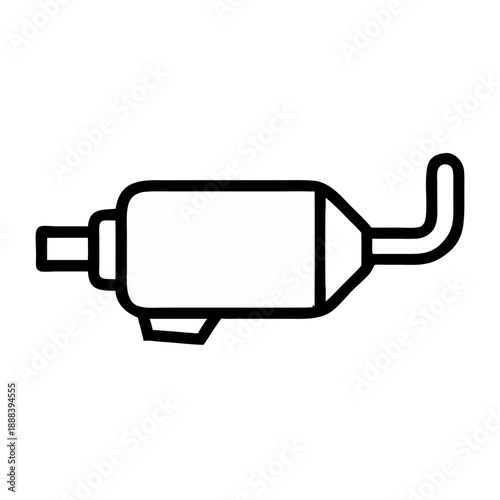 A minimalist black outline icon of a car exhaust muffler system, featuring a simplified geometric silhouette with a tailpipe on a plain white background.