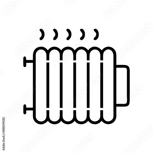 Heating radiator icon, white, background, isolated. Linear vector for HVAC blogs, home improvement websites, or articles on energy efficiency and central heating systems.