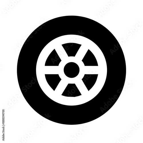 A minimalist black-and-white icon featuring a stylized wheel or tire silhouette, representing automotive, transportation, and mobility concepts.